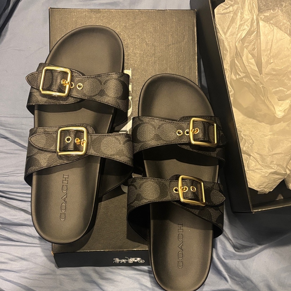 Allanah sz 9 Coach Black Slides with Gold Accents